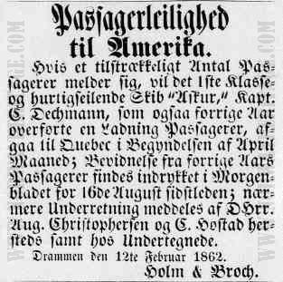 Newspaper announcement for the conveyance of emigrants on the Norwegian emigrant ship Askur in 1862