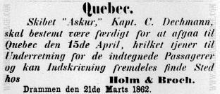 Newspaper announcement stating that the emigrant ship Askur was to ready for her transatlantic crossing
