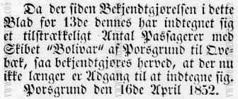 Newspaper notice stating that the emigrant ship Bolivar was fully booked