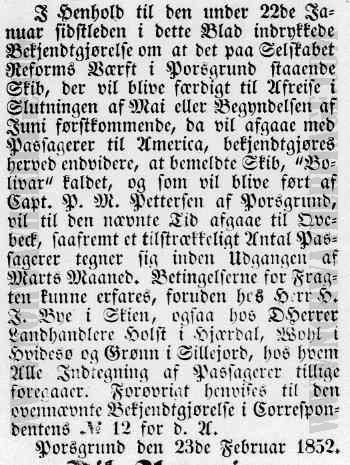 Newspaper announcement for the sailing of the Norwegian emigrant ship Bolivar