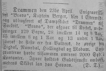 Newspaper announcement for the conveyance of emigrants on the ship Bravo in 1868