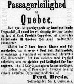 Passenger accommodation to Quebec on the Norwegian emigrant ship Benedicte