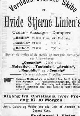 White Star Line advertisement by agent Ferdinand Elster