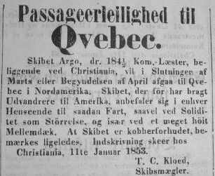 Newspaper announcement for the conveyance of emigrants on the Norwegian emigrant ship Argo in 1853 