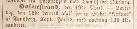 newspaper notice concerning the Norwegian emigrant ship Christine 1853