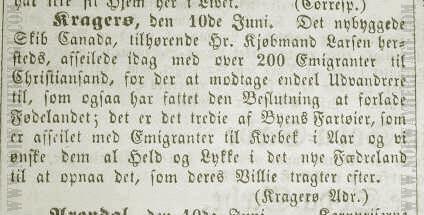 Newspaper notice concerning the Norwegian emigrant ship Canada printed 1853