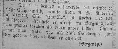 Newspaper notice about the emigrantr ship Camilla, from Morgenbladet June 5 1861