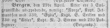 Newspaper notice about the bark Adler, Morgenbladet May 7, 1862