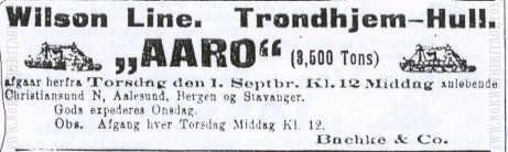 Newspaper announcement for the steamship Aaro sailing from Trondheim in 1910