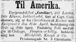 Newspaper announcement for the Norwegian emigrant ship Caroline printed in 1867