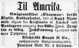 Newspaper announcement concerning the Norwegian emigrant ship Chapman
