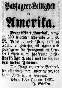 Newspaper announcement from Correspondenten in Skien, 13th January 1864