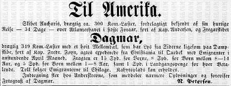 Newspaper announcement concerning the conveyance of emigrants on the Norwegian emigrant ships Dagmar and Eucharis in 1866