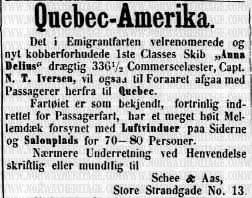 newspaper announcement for the Norwegian emigrant ship Anna Delius in 1869