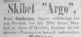 Newspaper announcement for the conveyance of emigrants on the Norwegian emigrant ship Argo in 1857