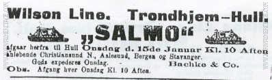 Newspaper announcement for the Salmo sailing from Trondheim in 1909