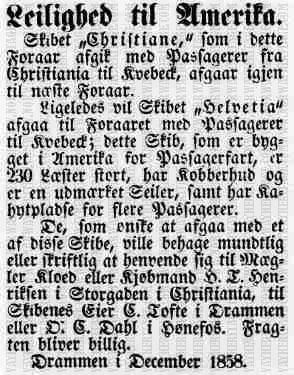 Newspaper announcement for the Norwegian emigrant ships Christiane and Helvetia in 1858