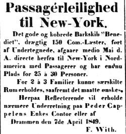 Announcement for conveyance of emigrants on the Benedicte in 1849