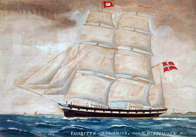 Norwegian emigrant ship, the brig Favoriten painted 1851