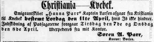 Newspaper announcement for the Hannah Parr 1868
