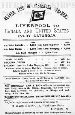 Beaver Line advertisement for passenger steamers from Liverpool to Canada and the United States. Passenger rates for third class (steerage), second class and sallon (1st. class). This image is from an old advertising card.