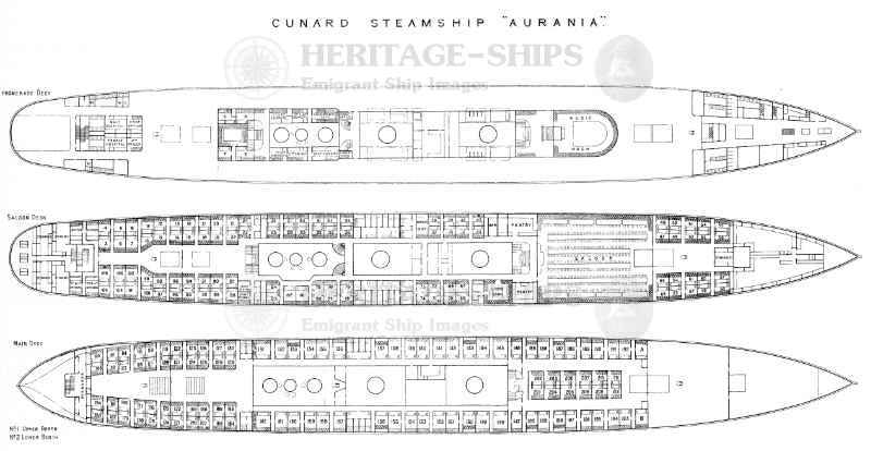 Aurania (1) - deck plan of the Promenade deck, Saloon deck and Main deck.