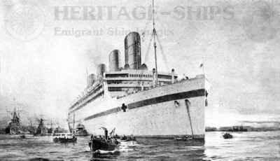 Aquitania as a hospital ship during WW1. On this image she is seen in Mudros Bay. While in Red cross service the Aquitania transported about 25,000 wounded soldiers.
