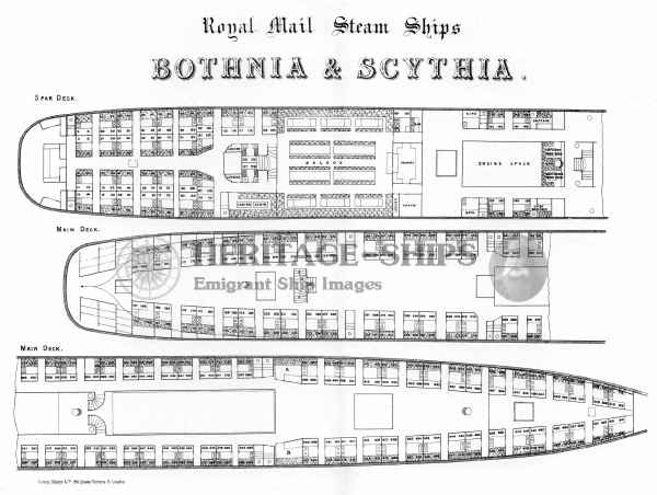 Cunard Line steamships Bothnia (1) & Scythia (1) - cabin plan showing arrangements for the Main Deck and Spar Deck