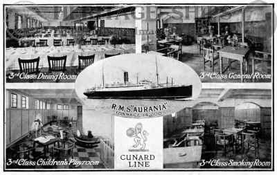 Aurania (3), Cunard Line steamship - 3rd Class Dining Room, 3rd Class General Room, 3rd Class Children's Playroom and 3rd Class Smoking Room. 