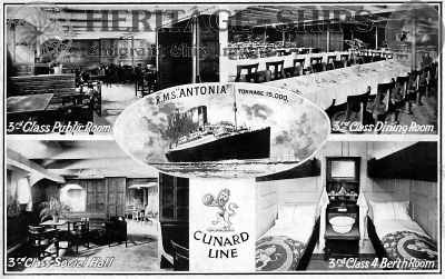Antonia - Cunard Line steamship - 3rd Class Public Room, 3rd Class Dining Room, 3rd Class Social Hall and a 3rd Class 4 Berth Room.