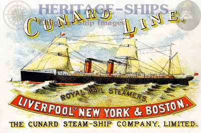 Servia, Cunard Line steamship - advertising card: Cunar Line - Royal Mail Steamers, Liverpool to New York and Boston