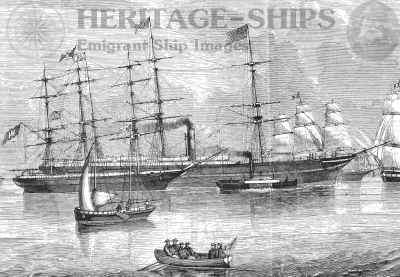 The Hamburg America Line ship rigged sailing ship Deutschand (2) (in front) and the steamship Hammonia (1) (behind)