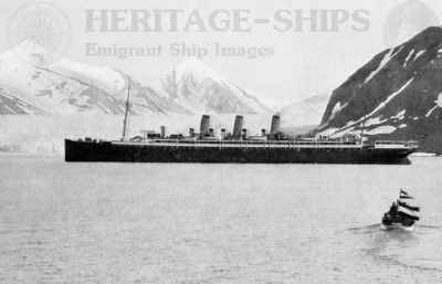 S/S Auguste Victoria of the Hamburg America Line photographed on a cruise along the Norwagian coast to Spitzbergen