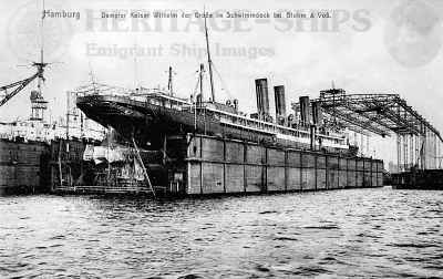 Kaiser Wilhelm der Grosse in dry dock at the Blom Voss yard at Hamburg - probably in connection with the repairs after loosing her rudder in October 1907.