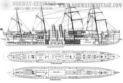 Werra class steamer, Norddeutscher Lloyd - deck plans and sectional view