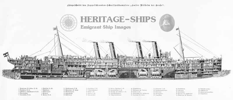 Kaiser Wilhelm der Grosse, Norddeutscher Lloyd steamship - longitudinal sctional view