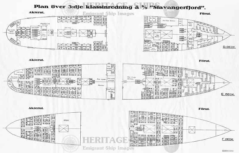Stavangerfjord, Norwegian America Line - This is a plan showing the arrangements for the 3rd class passengers on the parts of the C, D and E deck used for that purpose. This plan shows the arrangements as they were before the ship was modernized in 1937.