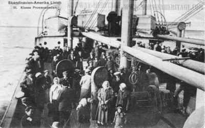Passengers, 3rd class (steerage), on a Scandinavian America Line steamship