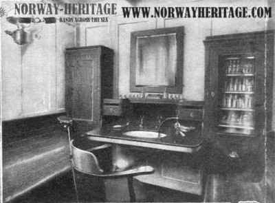 The barber saloon for 3rd class passengers on a Scandinavian America Line steamship