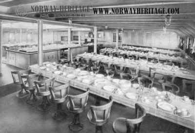 The 3rd class dining saloon on the Scandinavian America Line steamship Hellig Olav
