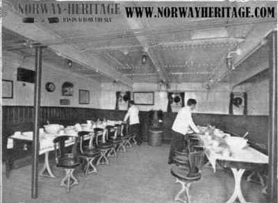 The 3rd class dining saloon on the Scandinavian America Line steamship Hellig Olav