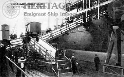 Passengers boarding a Scandinavian America Line steamship at Copenhagen