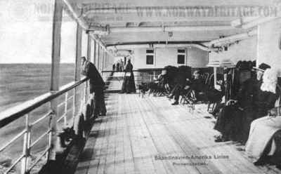 Daily life aboard a Scandinavian America Line steamship, from the promenade deck