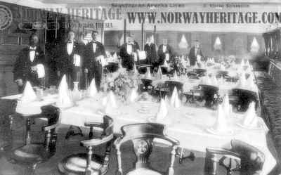 The 2nd class dining saloon on a Scandinavian America Line steamship