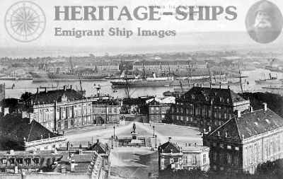 Thingvalla Line steamships Amerika (on the channel) and the Norge moored at Larsen Plads in Copenhagen.