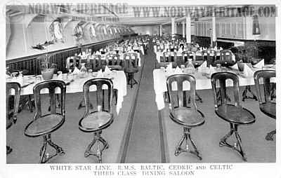 3rd class dining saloon on the White Star Line ships R.M.S. Baltic, Cedric and Celtic