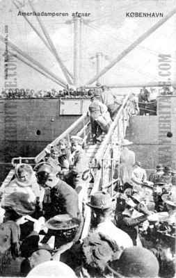 Emigrants embarking a Scandinavian America Line steamship at Copenhagen. A policeman is checking their papers before letting them enter the gangplank