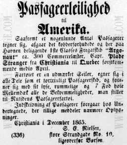 Newspaper announcement regarding the conveyance of emigrants on the Norwegian emigrant ship Argonaut
