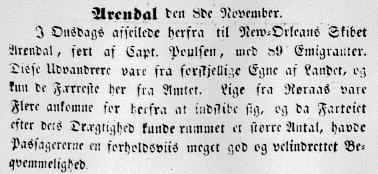 Newspaper notice regarding the Norwegian emigrant ship Arendal