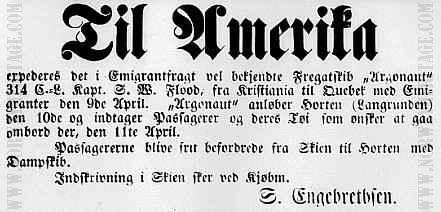 Announcement for the Norwegian emigrant ship Argonaut in 1870